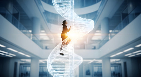 Woman climbs DNA strands in ascent of future innovation. Digital double helix symbolizes genetic progress. Discover technology driven advancement.の素材