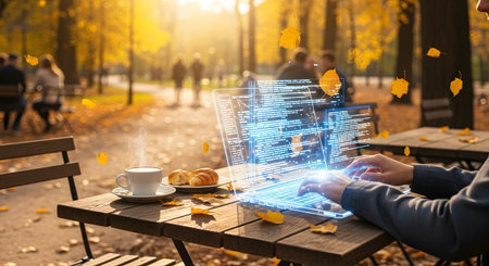 Laptop coding autumn leaves park coffee croissant outdoor workplace technology nature study work from anywhere programmer lifestyle freelance digital nomad.の素材