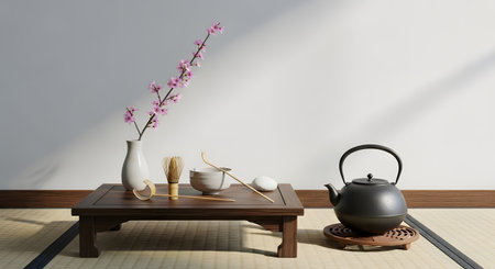 Japanese tea ceremony elements arranged in a still life setting. Blossom branch complements minimalist aesthetic tea kettle table and traditional utensils creates serene ambience AI Generative AI generatedの素材
