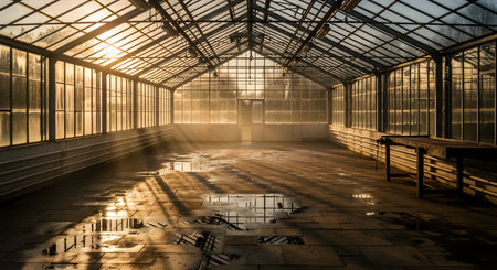 Empty greenhouse with sun rays shining through the glass panels. Water puddles on the floor reflecting sunlight. Interior with metal structure, rustic charm and natural light. AI Generative AI generatedの素材