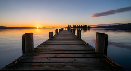 Wooden pier extending into calm water and tranquil lake sunset. Colorful sky with silhouetted trees and reflection. Serene landscape evening light and beautiful sun disappearing behind horizon. AI Generative AI generatedの素材