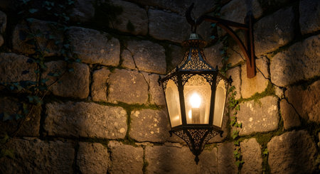Old vintage exterior wall lantern. Rustic stone building wall with illumination at night. Old fashioned design and atmospheric lighting. Building exterior decorative fixture with ivy. AI Generative AI generatedの素材