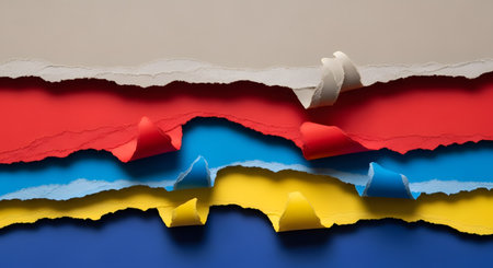 Abstract background with torn paper layers. Colorful texture and creative design. Art craft material with vibrant shades. Graphic resource for artistic projects. Visual resource for abstract compositions or creative projects. AI Generative AI generatedの素材