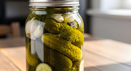 Crispy pickled cucumbers in glass jar. Preserved vegetables for a snack. Traditional fermented food, homemade with dill and garlic. Delicious and healthy snack for foodies. AI Generative AI generatedの素材