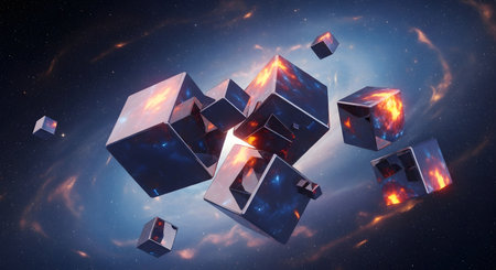 Abstract space scene. Floating cubes with nebula textures. Glowing light emanating from cubes. Deep space background. Cosmic art. Modern design featuring floating structures. AI Generative AI generatedの素材