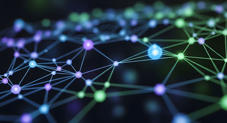 Abstract network connection with interlinked spheres. Lines connecting spheres on dark backdrop. Modern communication concept. Futuristic design with network structure. Data visualization. AI Generative AI generatedの素材