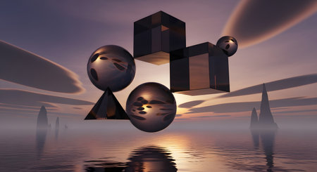 Abstract geometric forms in a landscape with water reflection. Creative digital art in a surreal design style. Background scene with floating shapes and artistic elements. Visual representation of dream. AI Generative AI generatedの素材