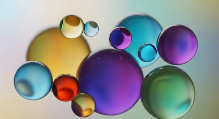 Abstract spheres featuring colorful glass bubbles. Transparent orbs showcase modern art design. Macro detail highlights creative composition. Artistic still life with light and color dynamics. AI Generative AI generatedの素材