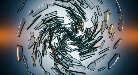 Dynamic abstract composition featuring shattered glass fragments arranged in a spiral vortex. Splintered glass creates a mesmerizing visual effect on contrasting background, filled with chaos and destruction. AI Generative AI generatedの素材