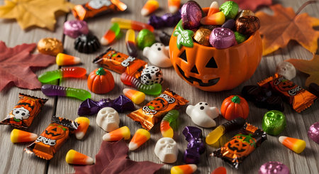 Assorted Halloween candy autumnal treat pumpkin bowl festive sweets presents colorful confectionary delicious indulgence. This variety offers tasty sweets perfect giving out as treat, providing festive cheer. AI Generative AI generatedの素材