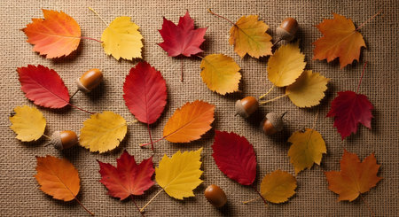 Autumn leaves composition with acorns on rustic burlap background. Fall foliage scene for Thanksgiving season. Natural beauty of autumnal colors and textures. Seasonal display with traditional thanksgiving elements. AI Generative AI generatedの素材