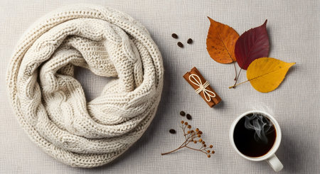 Autumnal serenity coffee scarf leaves cinnamon roll composition. Calm beverage relaxation fall aesthetic warm color pallete cozy elements fall mood.の素材
