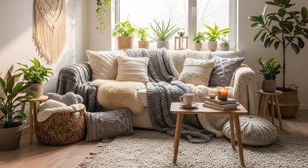 Bohemian living room featuring plants and cozy sofa with pillows. Stylish home decor creates a warm atmosphere. Comfortable arrangement includes cushions books and a cup. Relaxing indoor scene. AI Generative AI generatedの素材