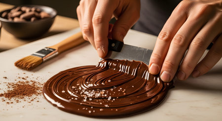 Chocolate tempering showcased. Handcrafted dessert preparation displayed with salt sprinkle. Close-up view presents sweet and savory blend. Making chocolate covered dessert for foodie and cuisine concepts. AI Generative AI generatedの素材