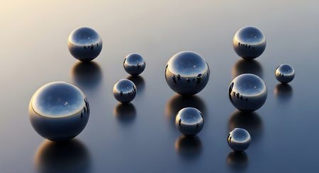 Arrangement of chrome spheres featuring reflective surfaces and abstract metal. Modern decorative elements creating visual interest and smooth aesthetic. AI Generative AI generatedの素材