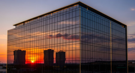 Corporate office building with reflection sunset facade. Modern architecture urban environment, glass skyscraper. Evening sky, business district, cityscape. AI Generative AI generatedの素材