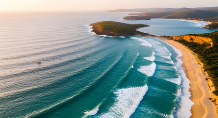 Coastal paradise with ocean waves and beach scenery are captured. Idyllic seascape and summer getaway vacation destination is featured. Aerial landscape photograph of beautiful coastline. AI Generative AI generatedの素材