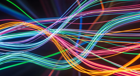 Vibrant light trails abstract background, colorful network data flowing. Data communication, technology, modern design concept. Dynamic and futuristic abstract art. AI Generative AI generatedの素材