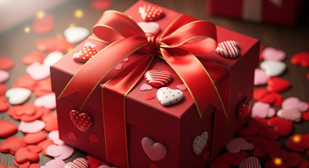 Celebratory gift box is adorned with red ribbon hearts showcasing elegant presentation and festive decoration. Box wrapped in red paper and hearts display thoughtful present. Wrapped box conveys joy and celebration. AI Generative AI generatedの素材