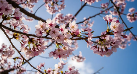 Cherry blossoms on branches against a blue sky springtime floral bloom delicate pastel colors. Tree branch nature outdoor blossoming petals freshness light AI Generative AI generatedの素材