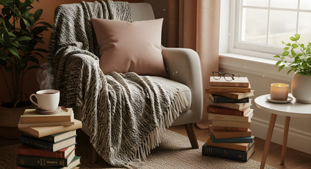 Cozy reading nook shows armchair with books, window, blanket pillow. Scene evokes feeling of warmth comfort relaxation. Home interior decor setup for relaxation with books and coffee. Comfy chair. AI Generative AI generatedの素材