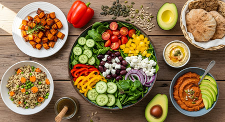 Top down shot of a vibrant vegan salad bowl. Features roasted sweet potatoes quinoa and hummus. Healthy and nutritious dish on wooden table. Perfect lunch or dinner option. Vegan food concept AI Generative AI generatedの素材