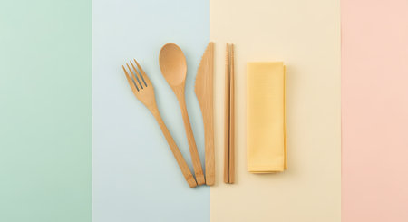 Eco friendly disposable cutlery made of sustainable wooden utensils. Zero waste tableware option for environmentally conscious individuals. Biodegradable bamboo set promoting a greener lifestyle. Sustainable product. AI Generative AI generatedの素材