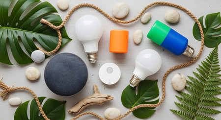 Flat lay composition showcasing smart home devices promoting eco friendly lifestyle. Combining technology with natural materials. Representing sustainability and home automation. Top view emphasizing clean living. AI Generative AI generatedの素材