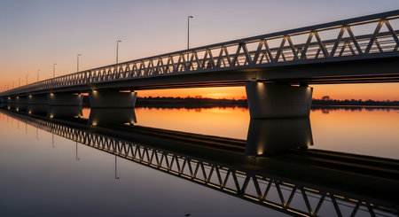 Elegant bridge structure reflects in river at sunset creating tranquil scene. Riverbank engineering marvel showcases architectural design. Beautiful reflection enhances serenity and modern construction. AI Generative AI generatedの素材