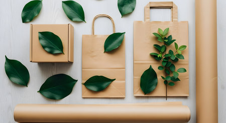 Eco-friendly packaging flat lay featuring kraft paper bags, a cardboard box, paper rolls, and green leaves. Environmentally responsible and sustainable packaging solutions presented in a minimalist style AI Generative AI generatedの素材