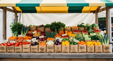 Farmers market stand displaying fresh vegetables in paper bags. Local harvest of organic produce at a colorful display. Seasonal fruits and vegetables from local growers. AI Generative AI generatedの素材