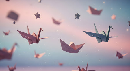 Floating paper cranes dance amidst gentle pastel sky creating tranquil and dreamlike scene. Origami art evokes serene stillness. Stars twinkle in background with soft hues. AI Generative AI generatedの素材