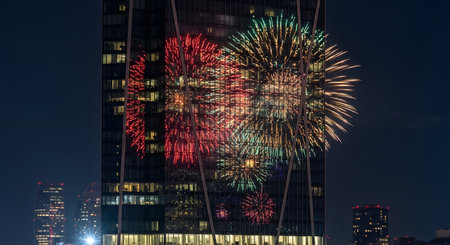 Fireworks display behind skyscraper celebration for urban night event with festivity excitement. Dark sky, light show, celebration. AI Generative AI generatedの素材