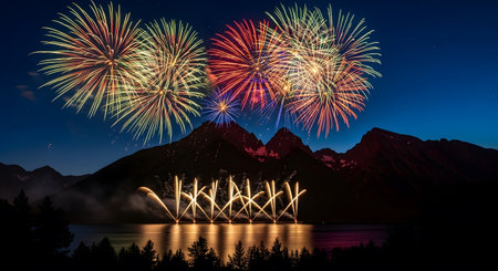 Celebrate with fireworks on night sky mountain backdrop. Experience festive display outdoors fun atmosphere anniversary event. Watch spark. AI Generative AI generatedの素材