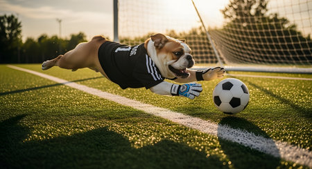 Bulldog goalie action on soccer field athletic determination skill playful defender cute fun sport. Bulldog dives to save goal funny playful bulldog. AI Generative AI generatedの素材