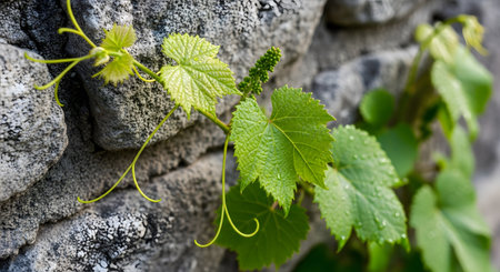 Fresh green grape vine leaves growing on a stone wall plant life natural beauty close up. Explore the lush greenery of grape vine leaves against rustic stone textured.の素材