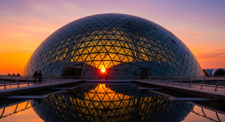 Futuristic building dome mirrors the sunset. Modern architecture showcases a glass structure exterior with urban landscape. Reflection of light. Contemporary design. AI Generative AI generatedの素材