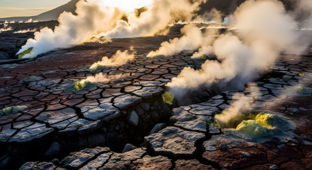 Geothermal area crack steam hot springs sulfur deposits land thermal activity landscape nature. The Earth's surface spews forth steam landscape view. Geothermal land crack surface. AI Generative AI generatedの素材