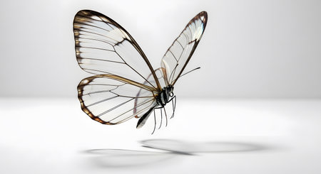 Glasswing butterfly showcasing delicate transparent wings Insect floating against clean background Natural beauty of butterfly with translucent wings Minimalist nature photography Clearwing butterfly studio shot AI Generative AI generatedの素材