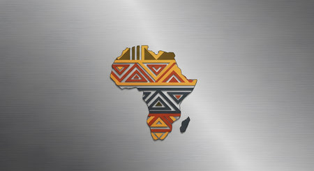 Geometric silhouette of African continent against textured metal backdrop. Cultural patterns and color palette create unique artistic depiction graphic design.の素材