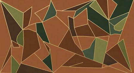Modern abstract painting featuring geometric shapes and earthy tones. Golden lines accentuate the composition, creating visual interest and harmony. Earthy palette, geometric shapes art and gold line work. AI Generative AI generatedの素材