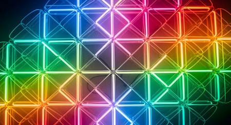 Geometric light sculpture displaying colorful gradient lighting in neon grid abstract art. Abstract design with geometric light grid. Glowing colors gradient artwork and illuminated rainbow light shapes. AI Generative AI generatedの素材