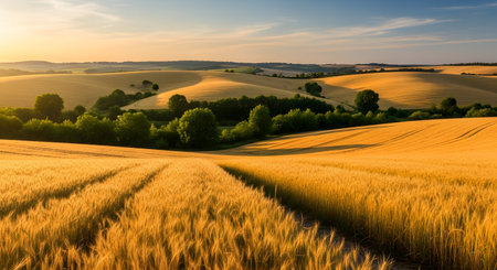 A vast landscape shows golden wheat fields at sunset. Grain crops stretch under a warm sky. The scene depicts harvest time on the plains. This presents peaceful rural scenery. AI Generative AI generatedの素材