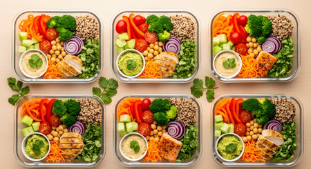 Meal prep containers filled with balanced diet for wellness. Lunchbox ideas with colorful vegetables, lean protein, and whole grains. Nutrition packed meals for healthy eating lifestyle. AI Generative AI generatedの素材