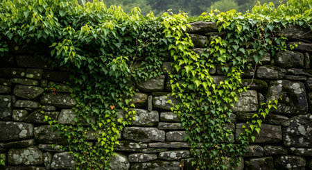 Green ivy covering a stone wall Textured backdrop of ivy and stone Natural garden decoration and element outdoor living rustic style AI Generative AI generatedの素材
