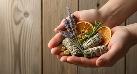 Imagery includes hands holding sage bundles, dried oranges, lavender flowers. These botanical ingredients are used for aromatherapy, wellness, & holistic health on wooden background. AI Generative AI generatedの素材