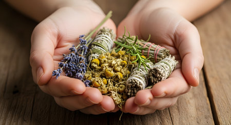 Close up of hands holding assorted natural herbs like chamomile lavender sage rosemary supporting holistic health and promoting natural herbal medicine alternative wellness approaches. AI Generative AI generatedの素材