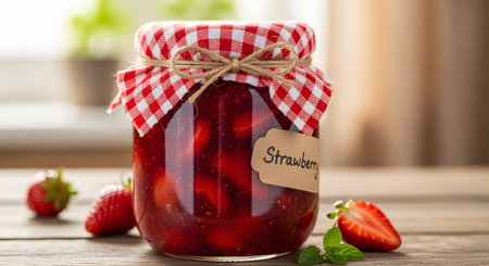 Homemade strawberry jam preserve in a glass jar with checkered fabric lid. A sweet condiment and delicious fruit spread, made with love and care. Perfect for breakfast or any occasion AI Generative AI generatedの素材