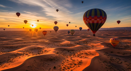 Sunrise landscape featuring hot air balloons soaring over sand dunes. Adventure travel destination exploration. Aerial view of hot air balloon festival over desert. Dramatic dawn colors. AI Generative AI generatedの素材