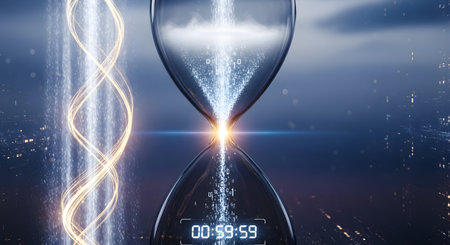 Hourglass with Binary Code Time Flowing represents modern technology. Precious time running out. Conceptual digital countdown with countdown timer.の素材